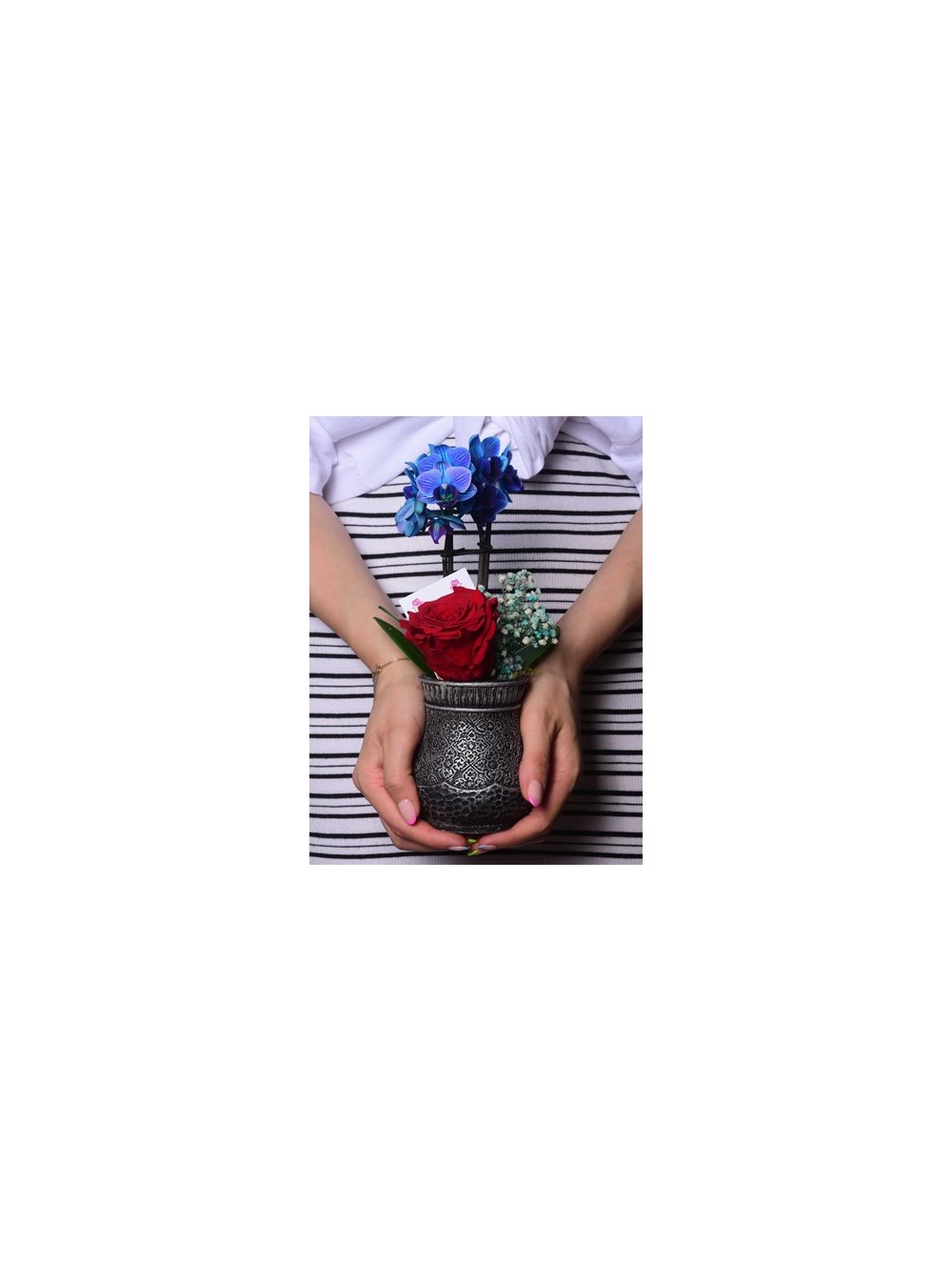 Vase in Ottoman Serisi Mini Mavi Orkide ve Kırmızı Solmayan Gül