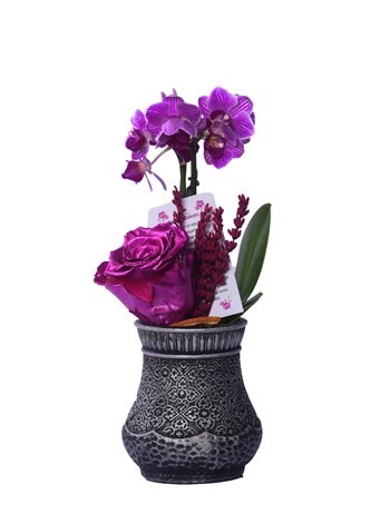 Vase in Ottoman Serisi Mini Mor Orkide ve Metalik Fuşya Solmayan Gül