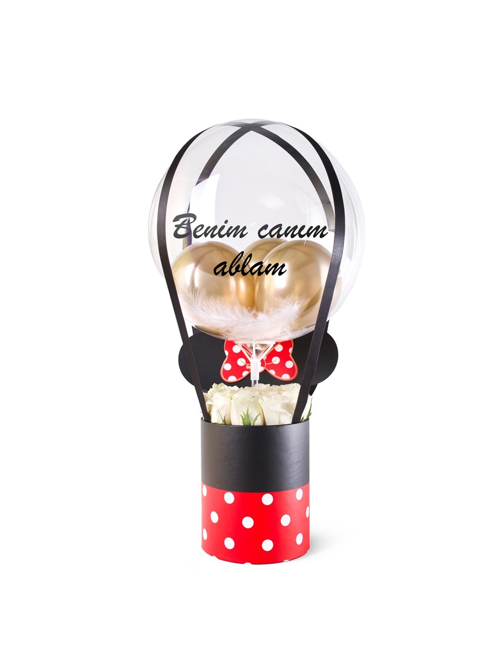 Beyaz Güllü Kırmızı Minnie Balon Kutusu