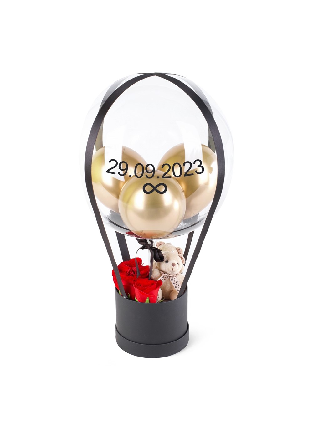 Kırmızı Gül Ve Peluşlu Siyah Balon Kutusu